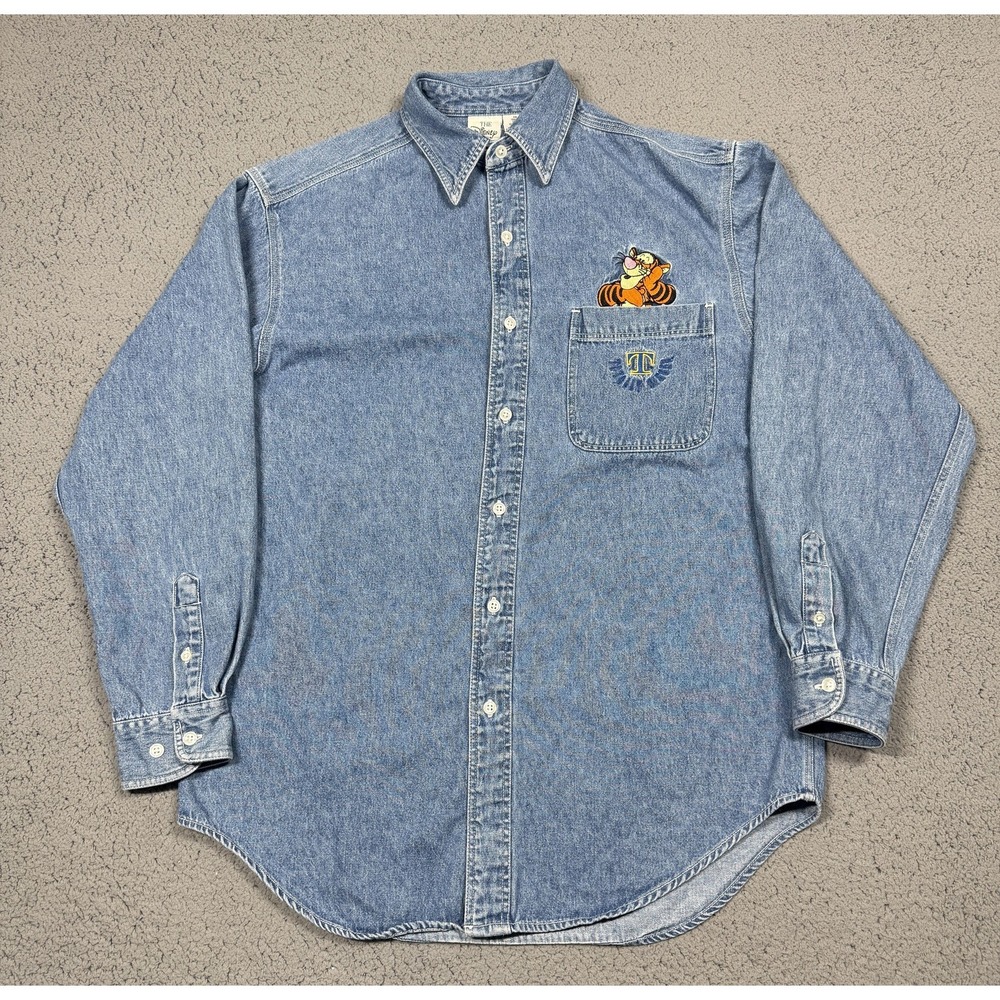 Vintage Disney Store Shirt Mens Small Blue Denim Tigger Embroidered Casual